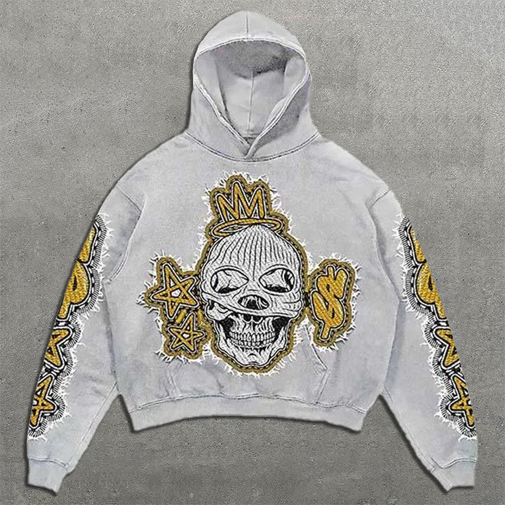 Skull Dollar Sign Faux Decal Print Long Sleeve Hoodies