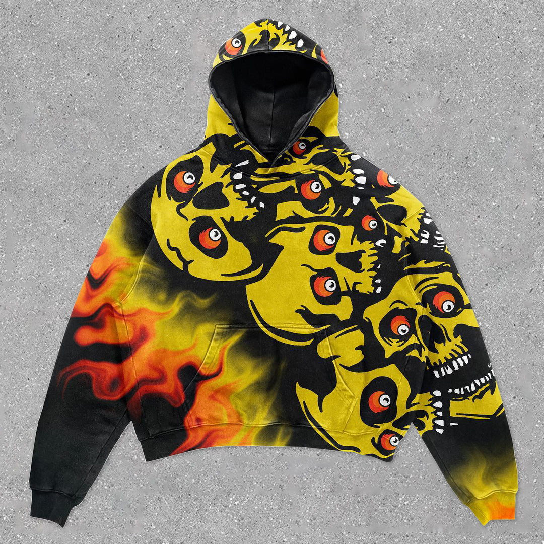 Vintage Flaming Skull Print Long Sleeve Hoodie