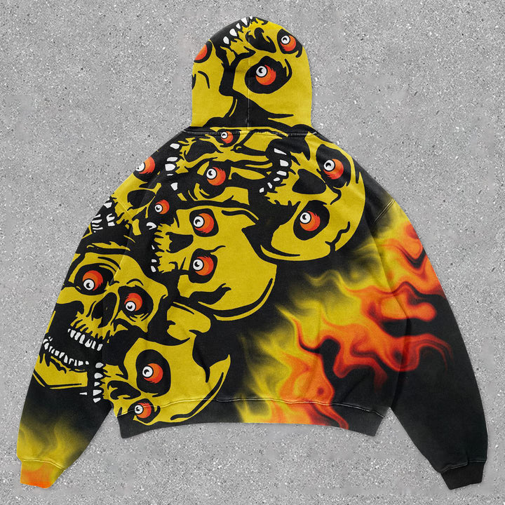 Vintage Flaming Skull Print Long Sleeve Hoodie