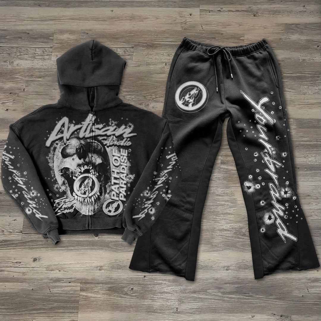 Skull print casual street cotton hoodie two-piece set