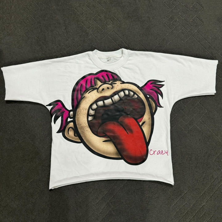 Crazy Cartoon Print Short Sleeve T-shirt