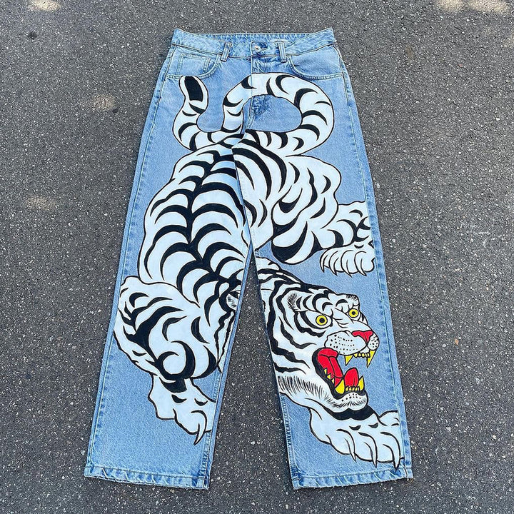 White tiger print casual street retro graffiti denim trousers