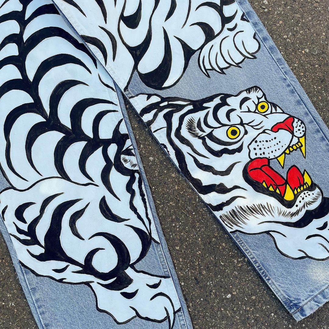 White tiger print casual street retro graffiti denim trousers