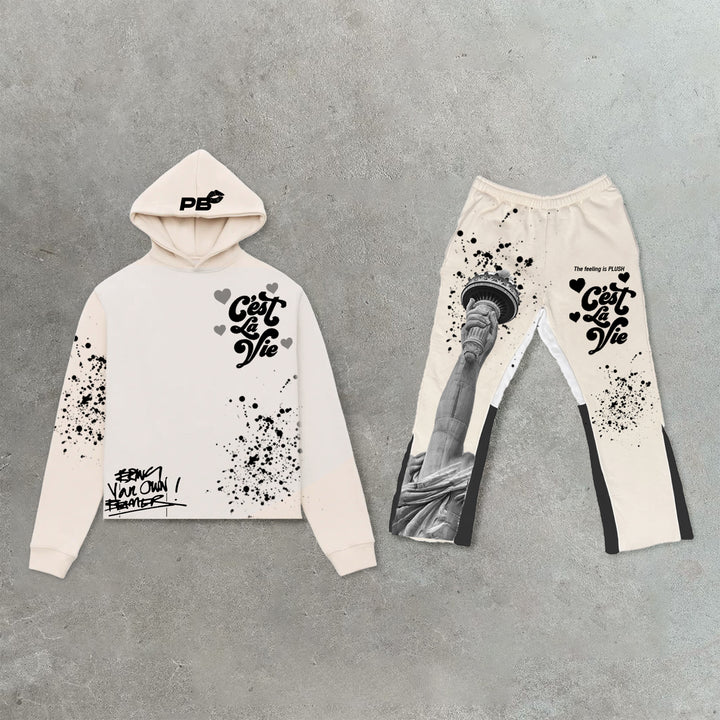 Trendy retro street print hoodie set