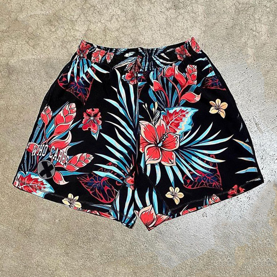 Floral-print casual street mesh shorts