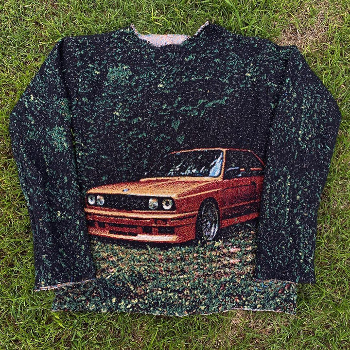 Personalized fashion retro car print crew neck sweatshirt