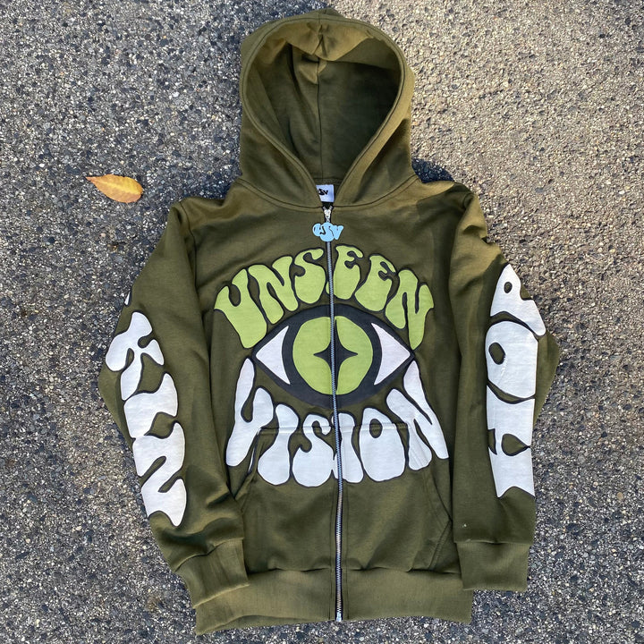 Casual Retro Print Zip Hoodie