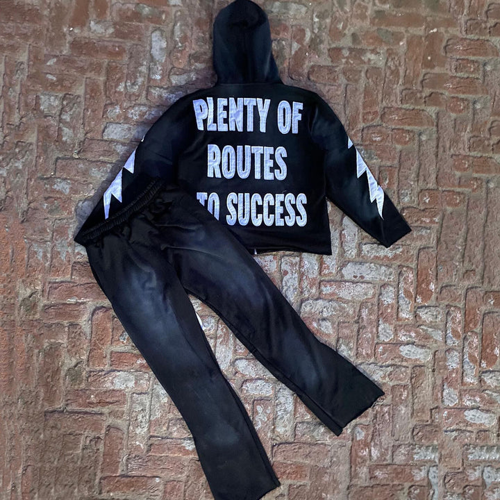 Plenty Of Routes To Success Print Zipper Hoodie Two Piece Set