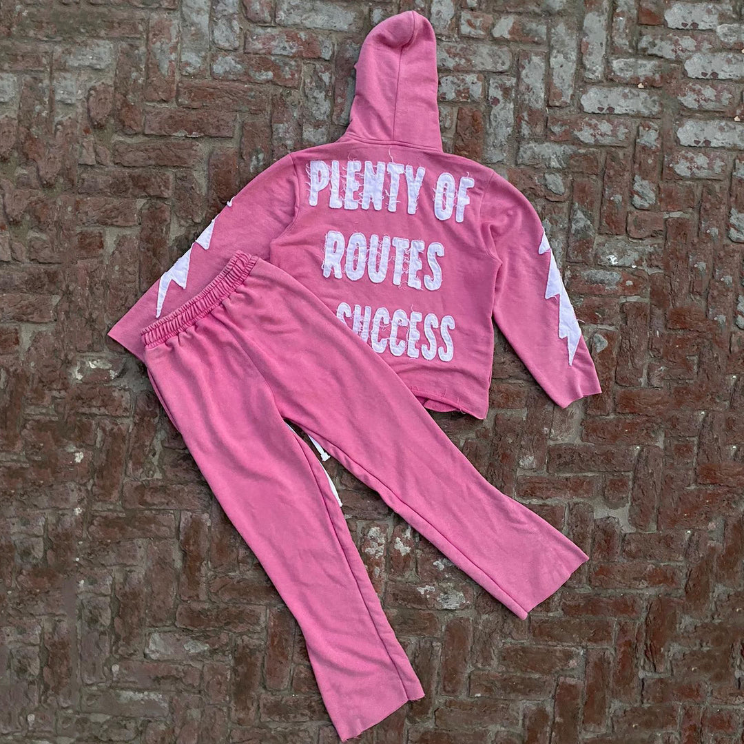 Plenty Of Routes To Success Print Zipper Hoodie Two Piece Set