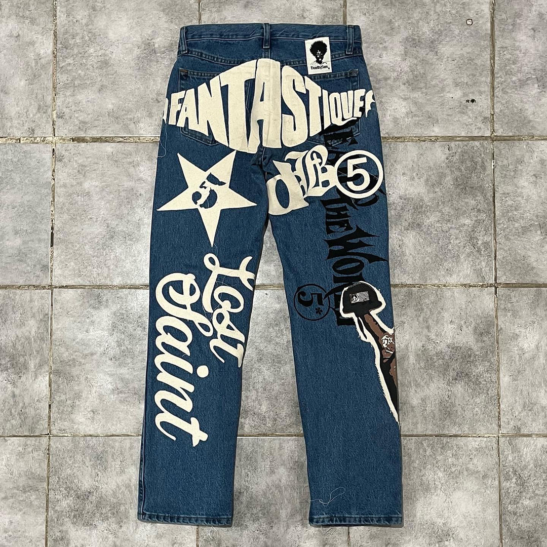 Casual street patchwork printed denim trousers