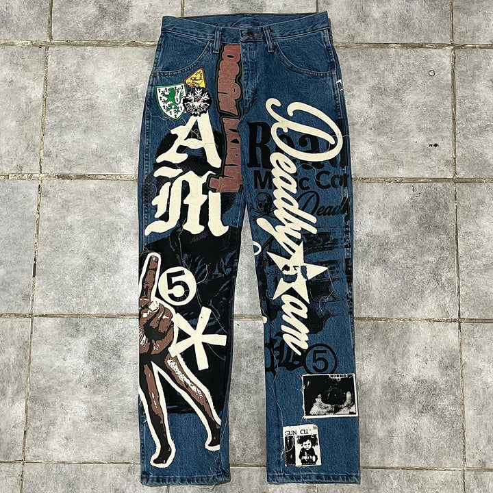 Casual street patchwork printed denim trousers