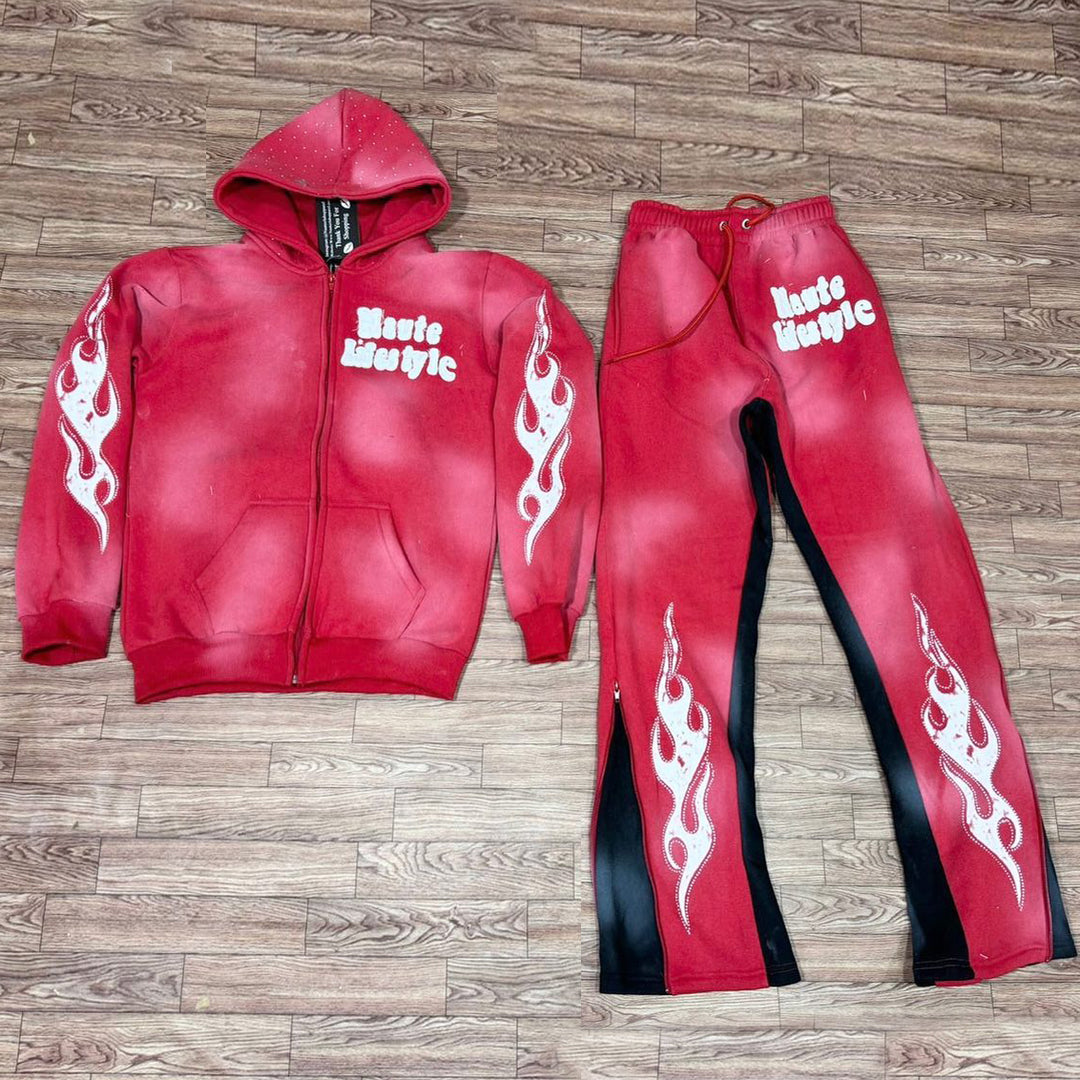 Stylish Flame Print Contrast Hoodie Set