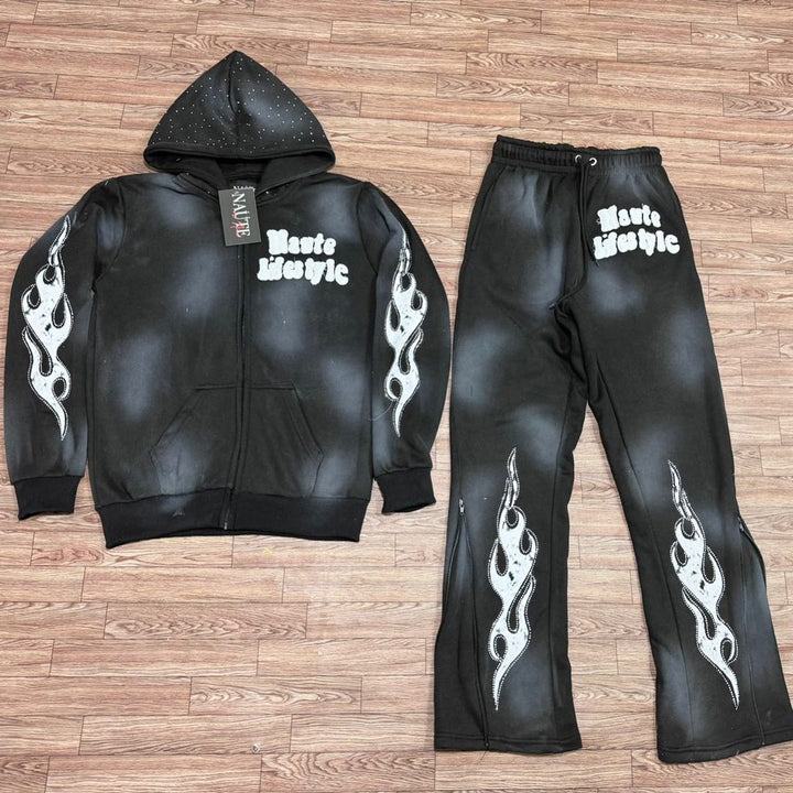 Stylish Flame Print Contrast Hoodie Set