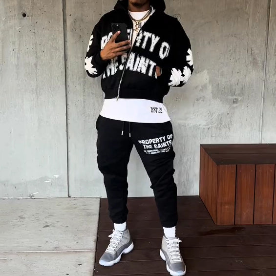 Property Of The Saints Print Zipper Hoodie Two Piece Set