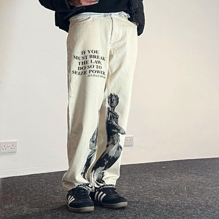 Casual street classic print denim trousers