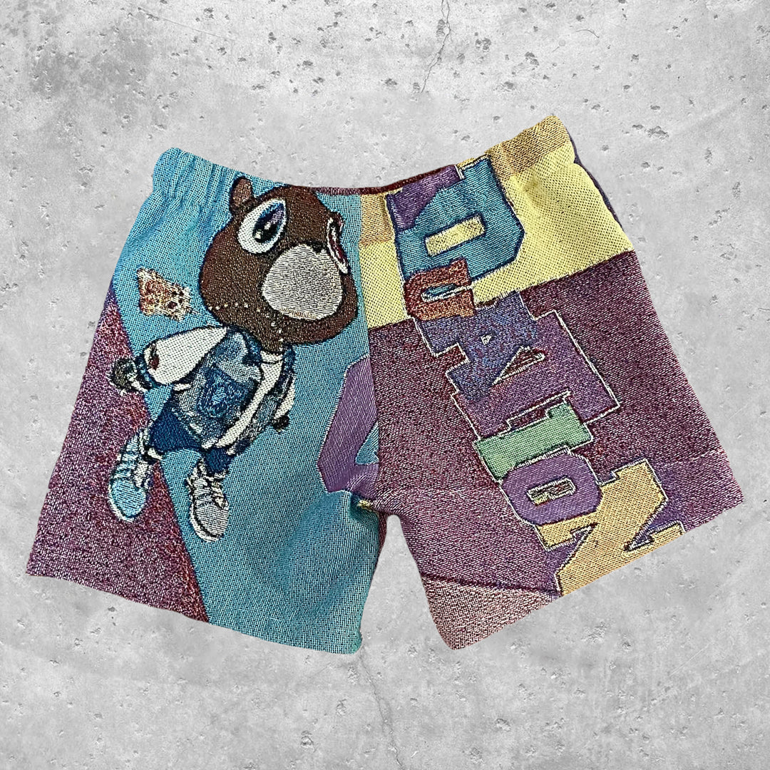 Retro personalized bear pattern tapestry shorts