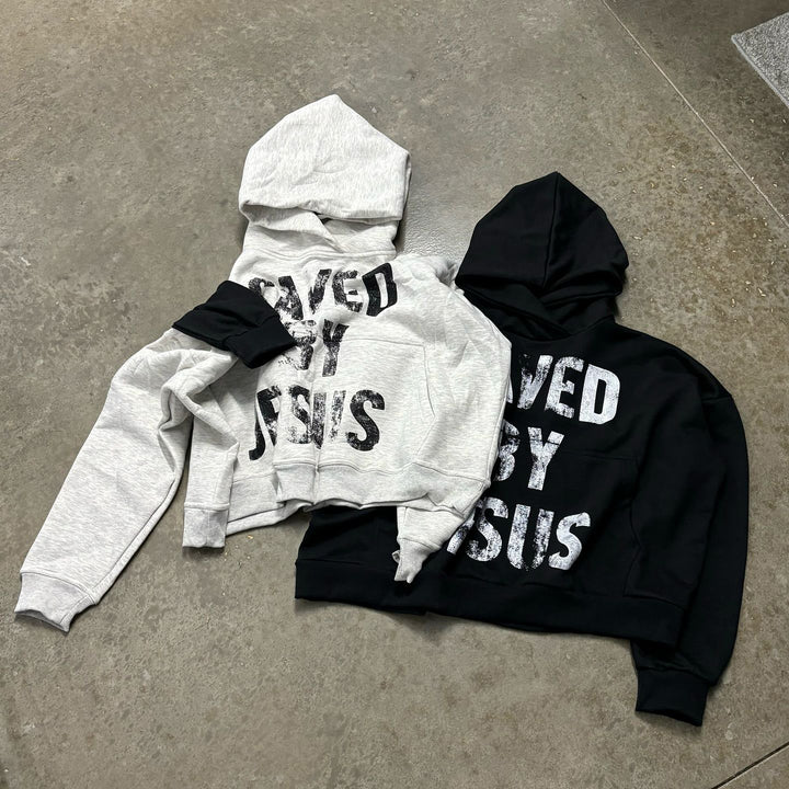 Saved By Jesus Print Long Sleeve Hoodies