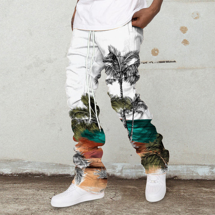 Trendy Coconut Tree Vintage Print Pile Pants Trousers