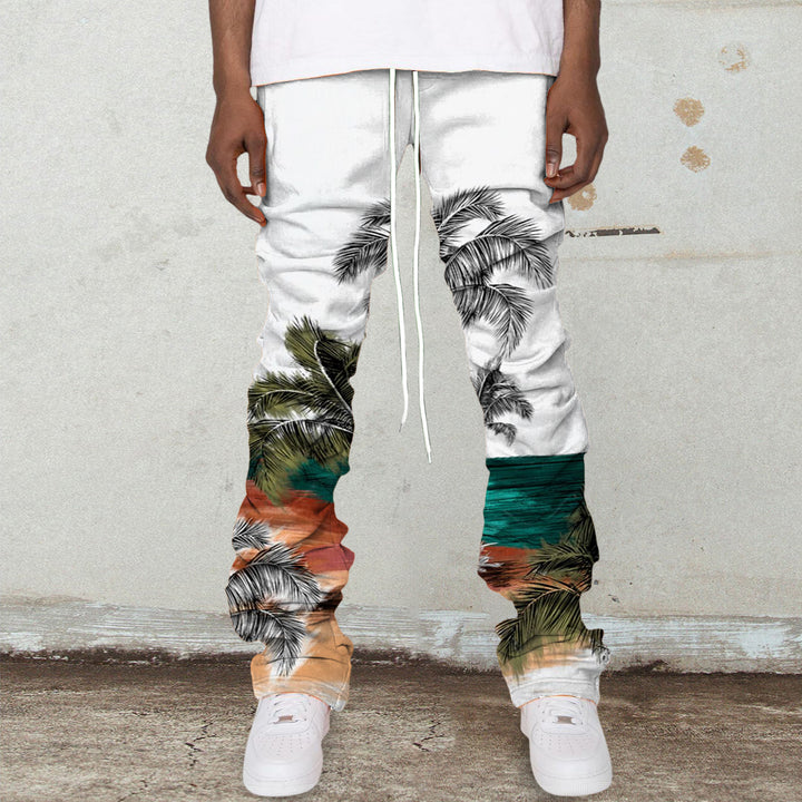 Trendy Coconut Tree Vintage Print Pile Pants Trousers