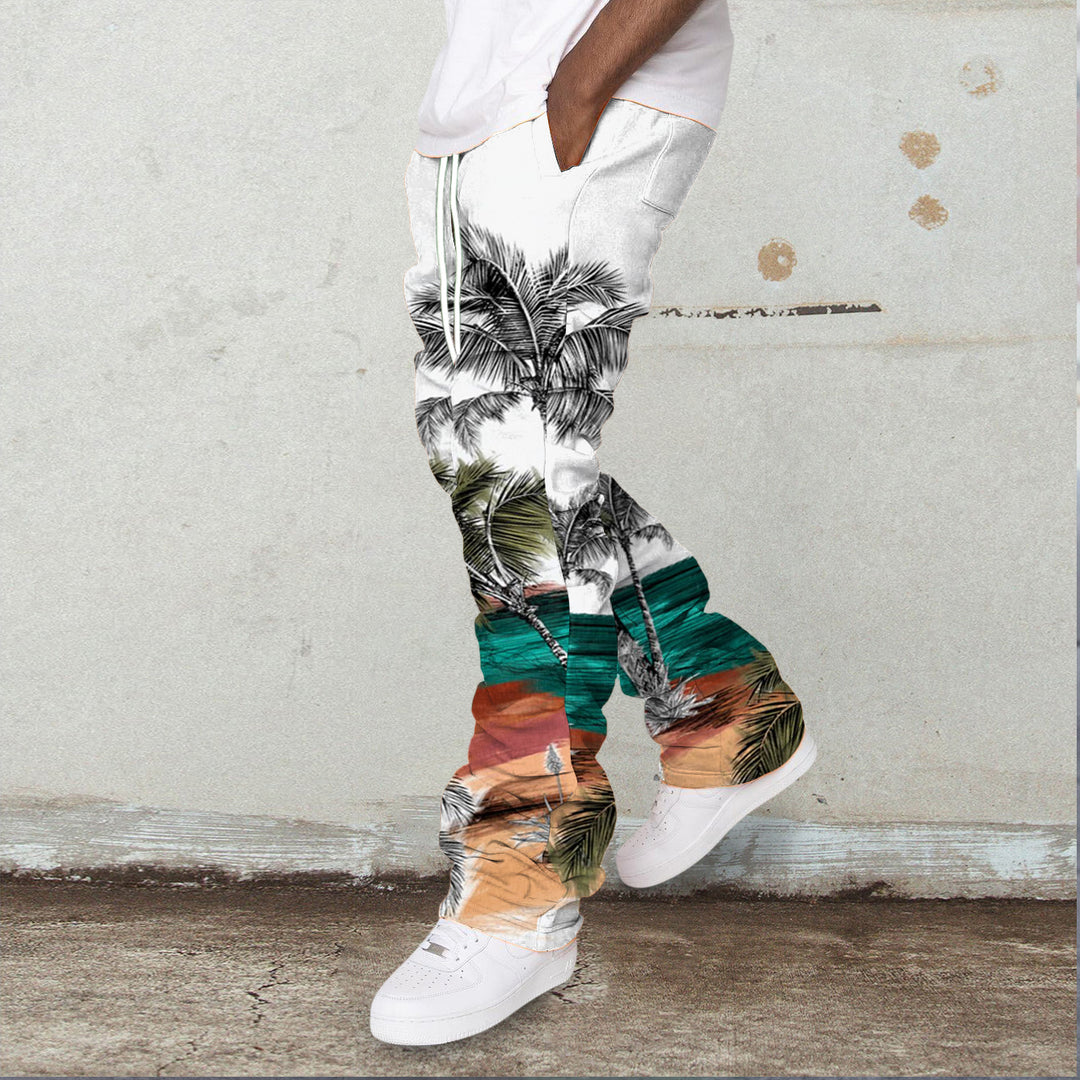 Trendy Coconut Tree Vintage Print Pile Pants Trousers