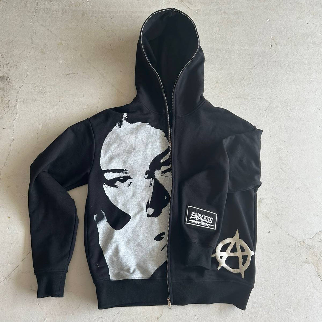 Casual street print full zip hoodie