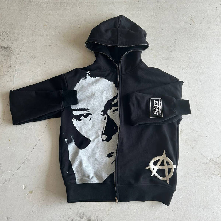 Casual street print full zip hoodie