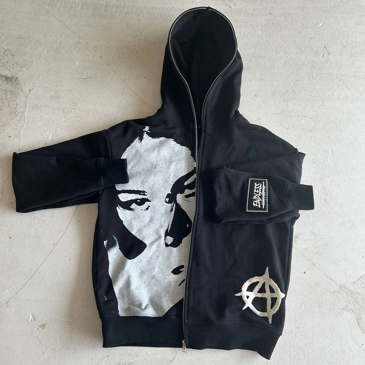 Casual street print full zip hoodie