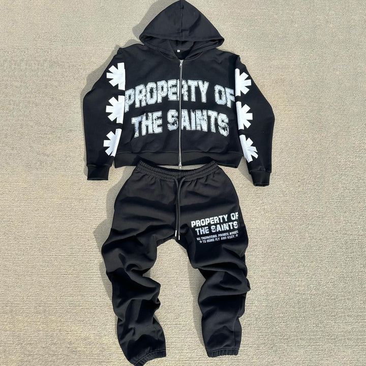 Property Of The Saints Print Zipper Hoodie Two Piece Set