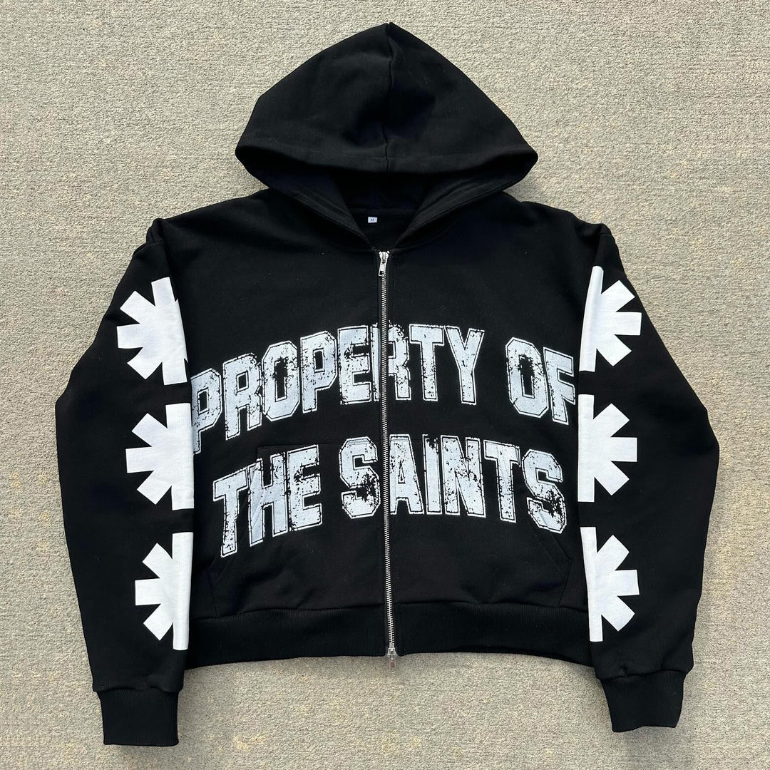 Property Of The Saints Print Zipper Hoodie Two Piece Set