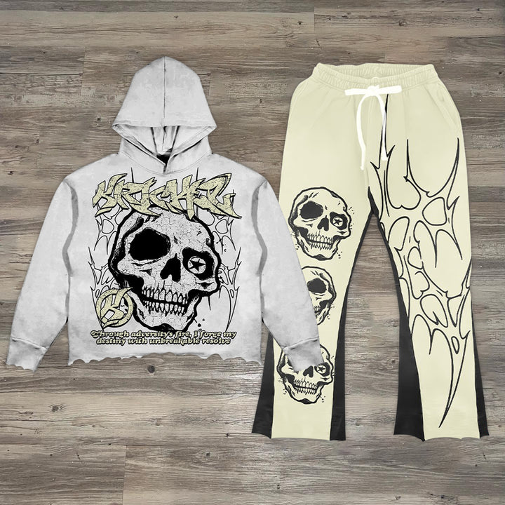 Skull print casual street cotton patchwork hoodie two-piece set