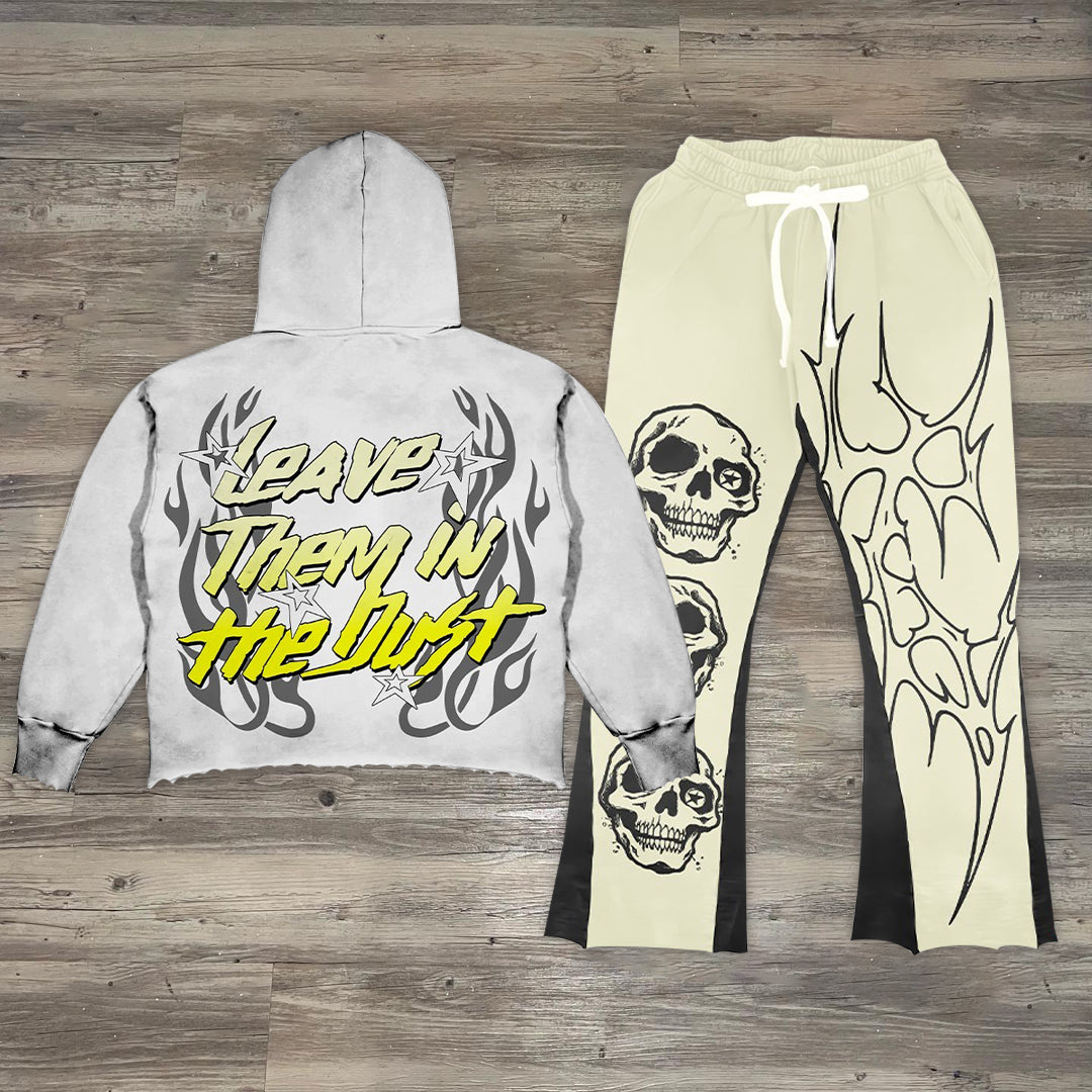 Skull print casual street cotton patchwork hoodie two-piece set