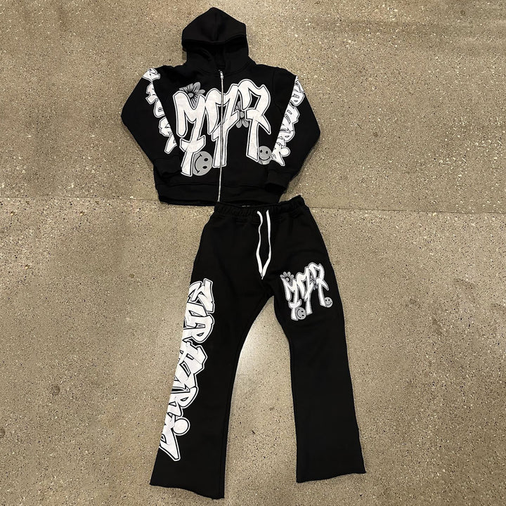 Letter Graffiti Print Zipper Hoodie Sweatpants Two Piece Set