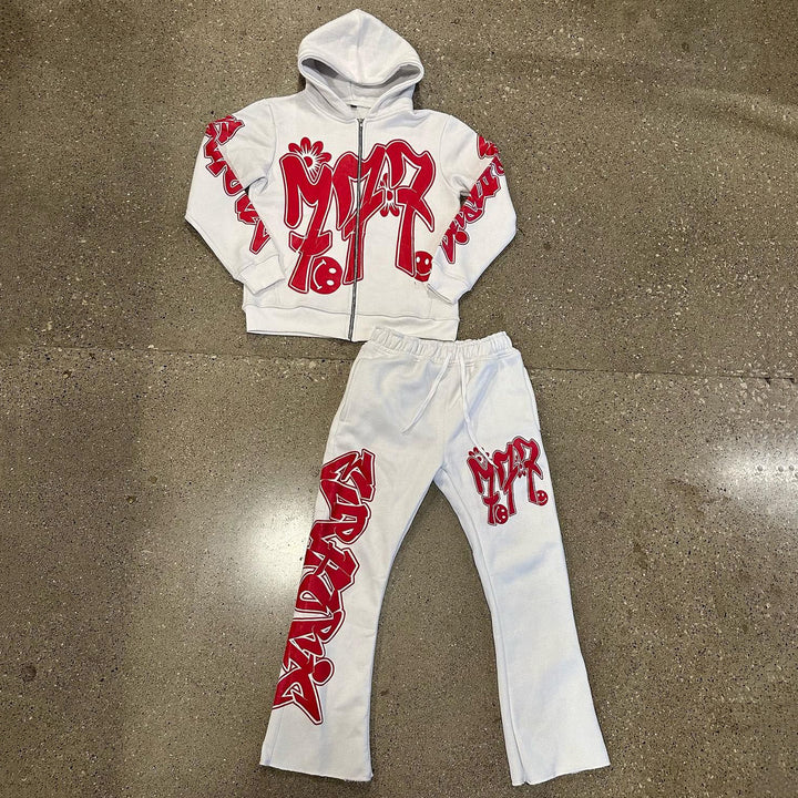 Letter Graffiti Print Zipper Hoodie Sweatpants Two Piece Set