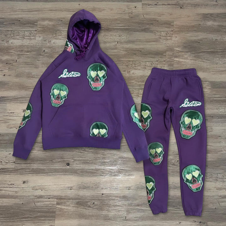 Skull print casual street cotton hoodie two-piece set