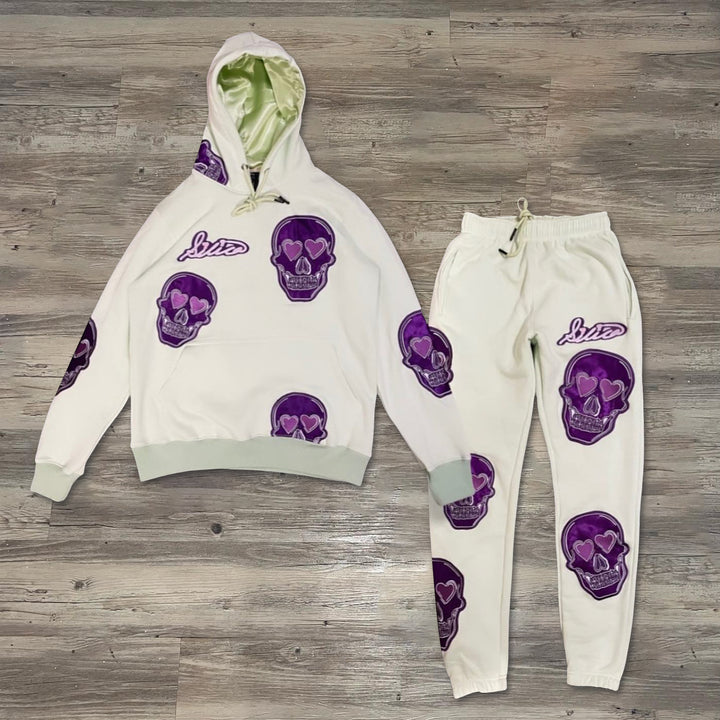 Skull print casual street cotton hoodie two-piece set