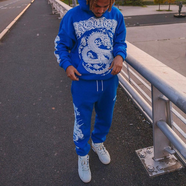 Dragon Print Hoodie Sweatpants Two Piece Set