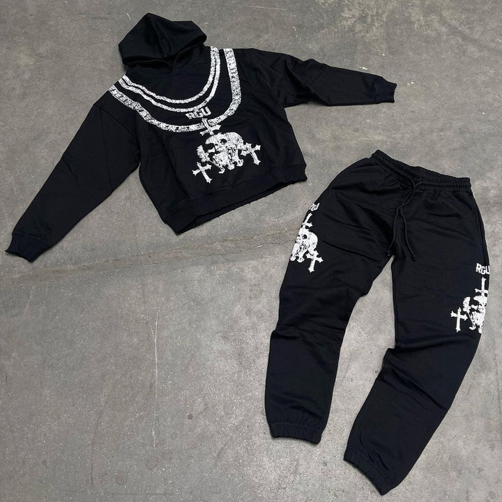 Skull Cross Necklace Hoodie Sweatpants Two Piece Set