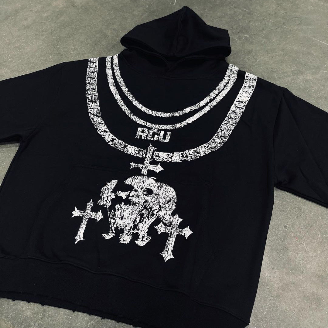 Skull Cross Necklace Hoodie Sweatpants Two Piece Set