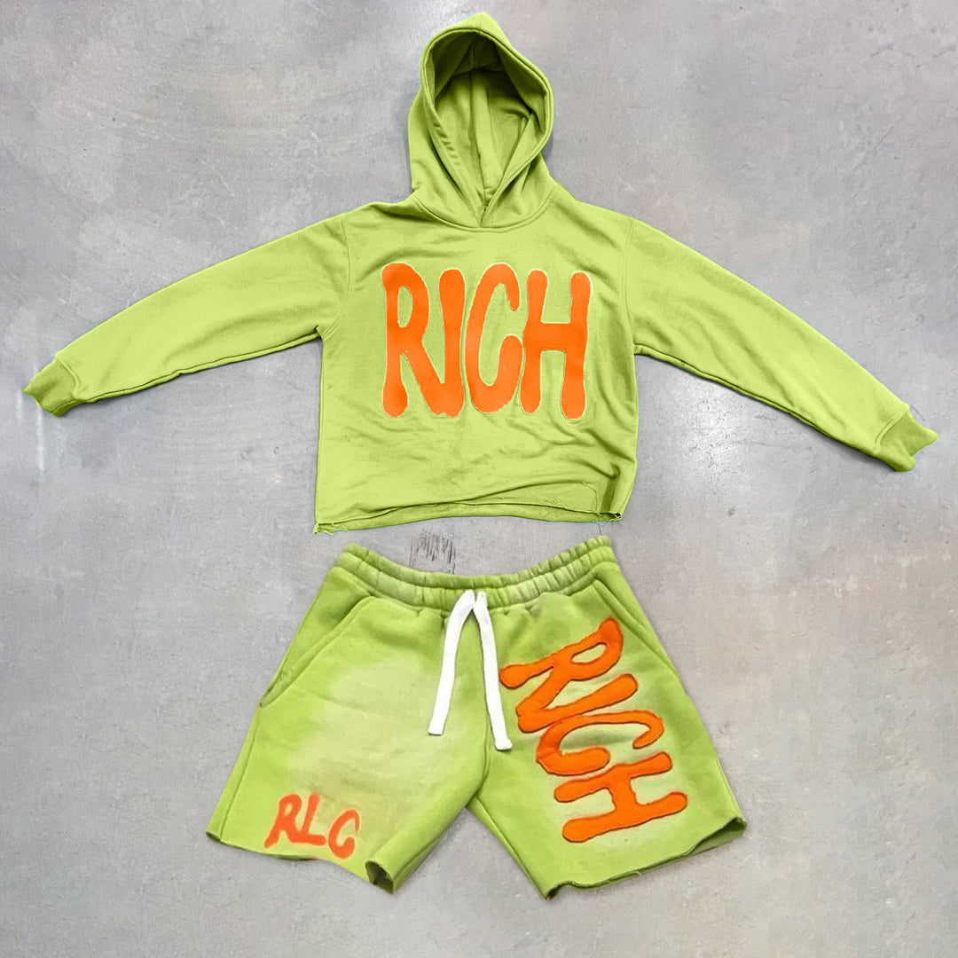 Retro hip-hop trendy street hoodie shorts set