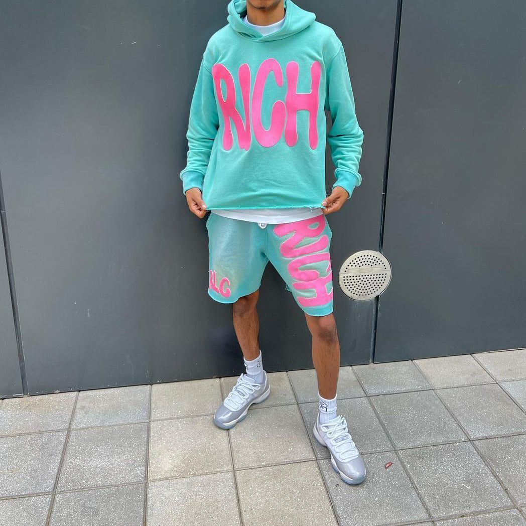 Retro hip-hop trendy street hoodie shorts set