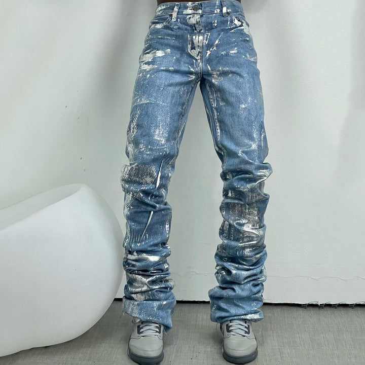 Casual Street Metallic Layered Denim Trousers