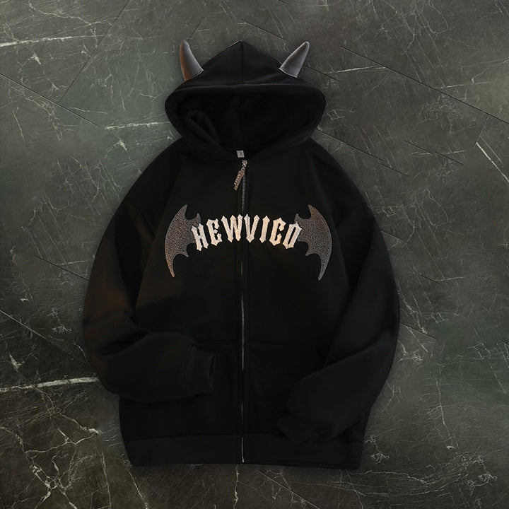 Velvet retro zippered letter patch double corner hoodie