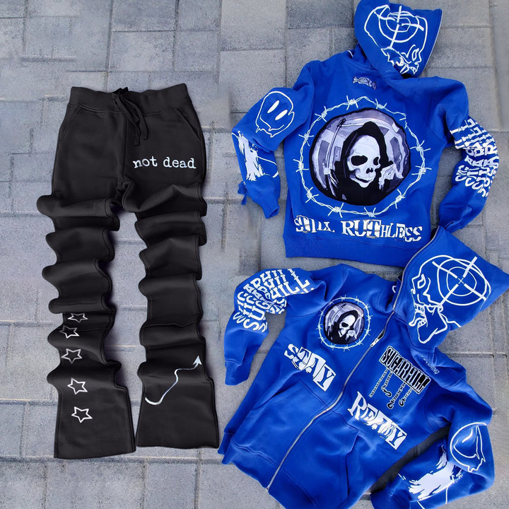 Retro Skull Full Zip Hoodie Flared Pants Set