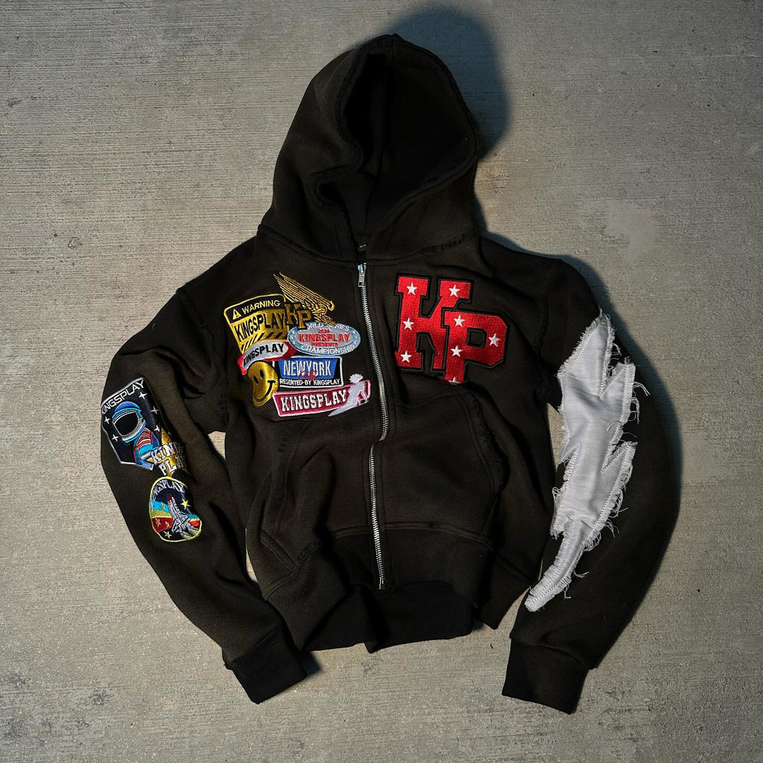 Vintage washed patch zipper hoodie