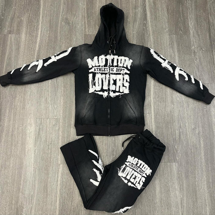 Motion Lovers Print Zipper Hoodie Sweatpants Two Piece Set