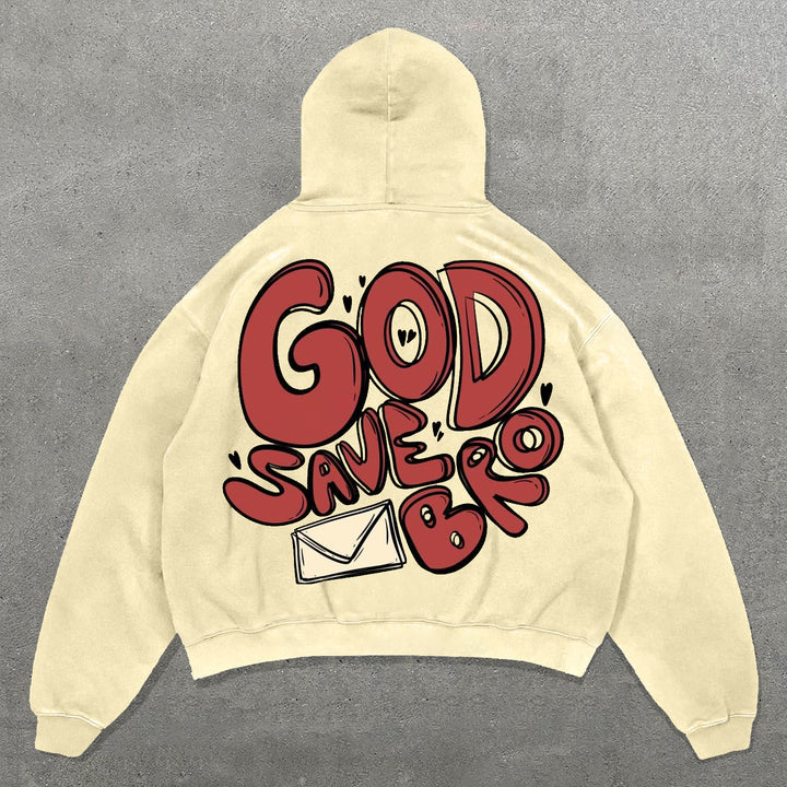 God Save Bro Print Long Sleeve Hoodies