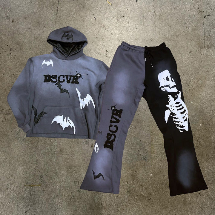 Dscvr Skull Printed Hoodie Sweatpants Two Piece Set