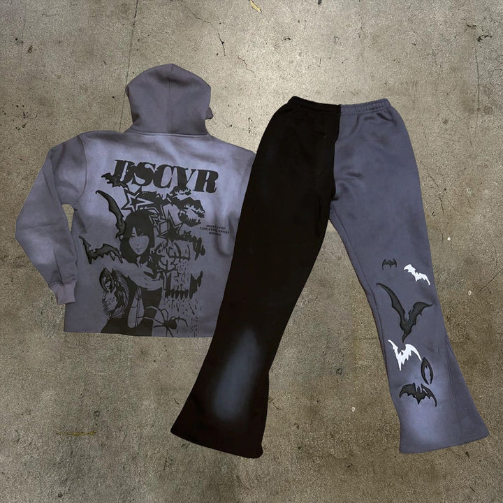 Dscvr Skull Printed Hoodie Sweatpants Two Piece Set