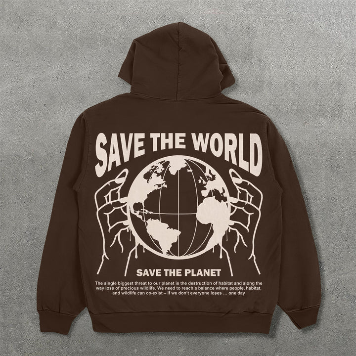 Save The World Print Long Sleeve Hoodies