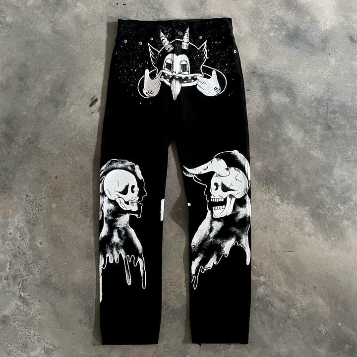 Devil clown graffiti casual street denim trousers